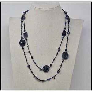 Boho Blue & Black Beaded Long Necklace 44" Layered Station Beads Unmarked